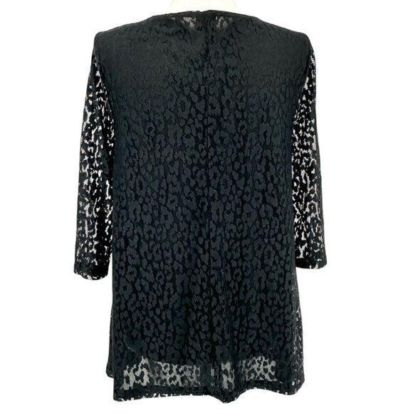 Chicos Burnout Tunic Top Size 2 L 12 Black Lace Sheer 3/4 Sleeves Nylon Poly - Picture 2 of 10